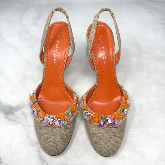 Casadei Shoes - CASADEI Vintage Y2K Shell Beaded Burlap Canvas Leather Slingback Heels 2000s 8.5